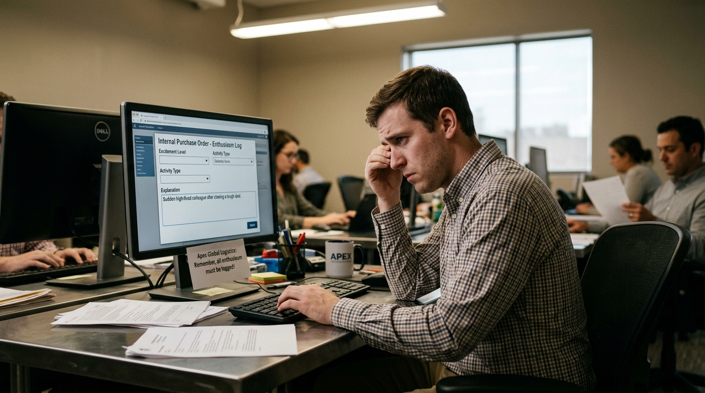 Logistics Giant Mandates Internal Purchase Orders for Employee Enthusiasm — Under the new policy, staff at Apex Global Logistics must secure a pre-approved billing code before expressing genuine optimism for company projects.