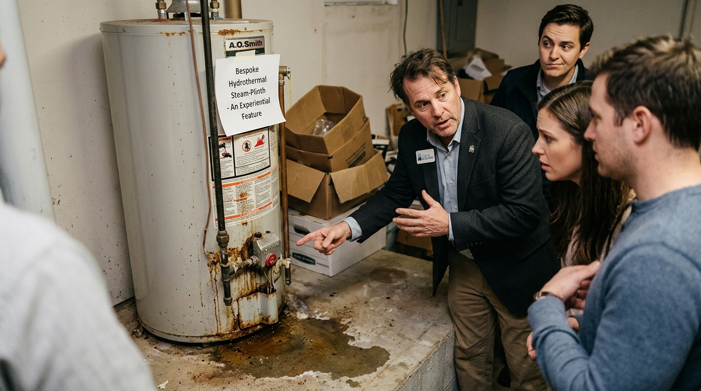 Suburban Home Listing Rebrands Leaking Water Heater as 'Bespoke Hydrothermal Steam-Plinth' — The 900-square-foot Arlington property has reached a pending offer of $1.4 million after marketing its damp basement as an 'unfiltered wellness grotto.'