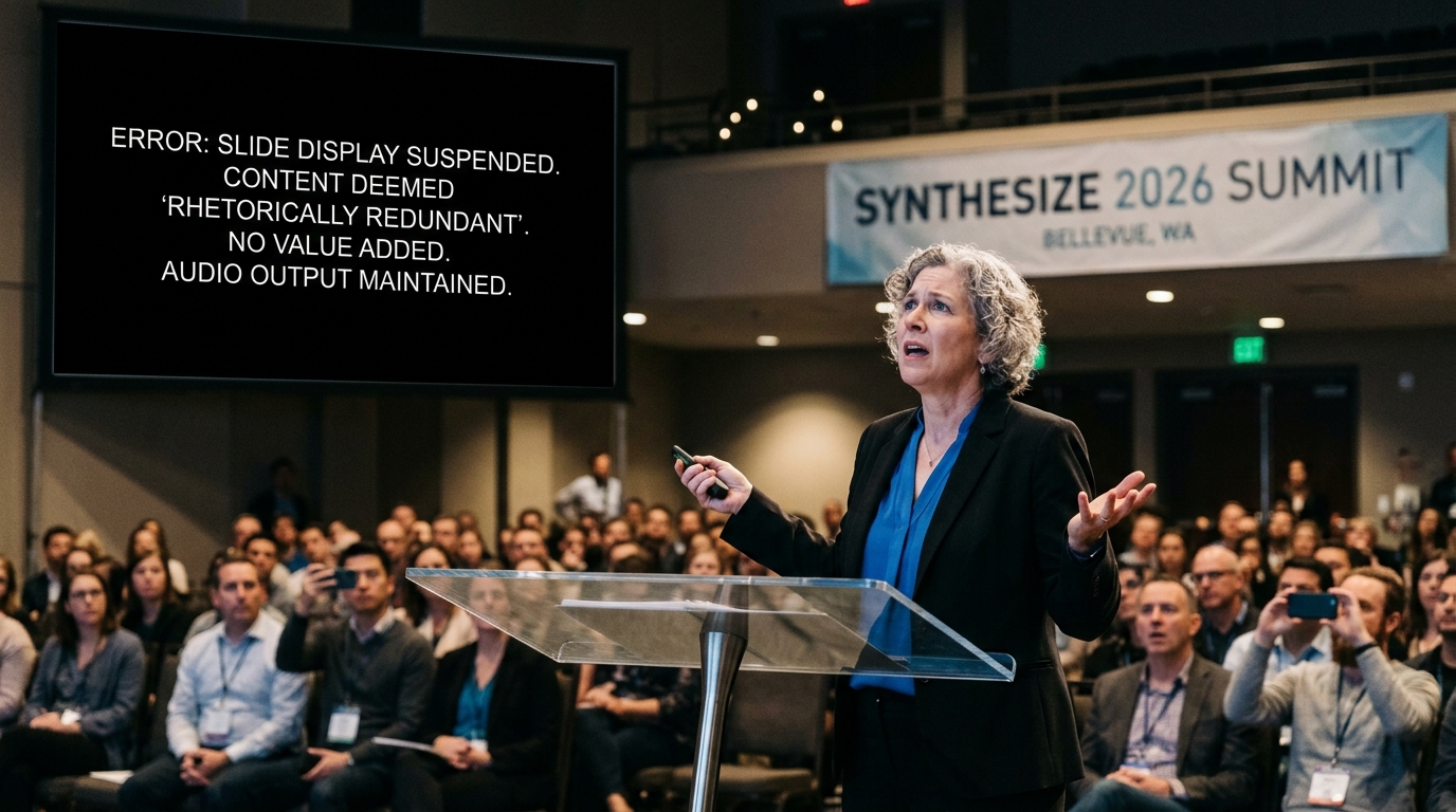 Bellevue Tech Summit Keynote Halted After AV System Deems Slides 'Rhetorically Redundant' — The LuminaX Pro-900 presentation suite refused to project a 45-slide deck on supply chain logistics, citing a critical lack of conceptual vitality.
