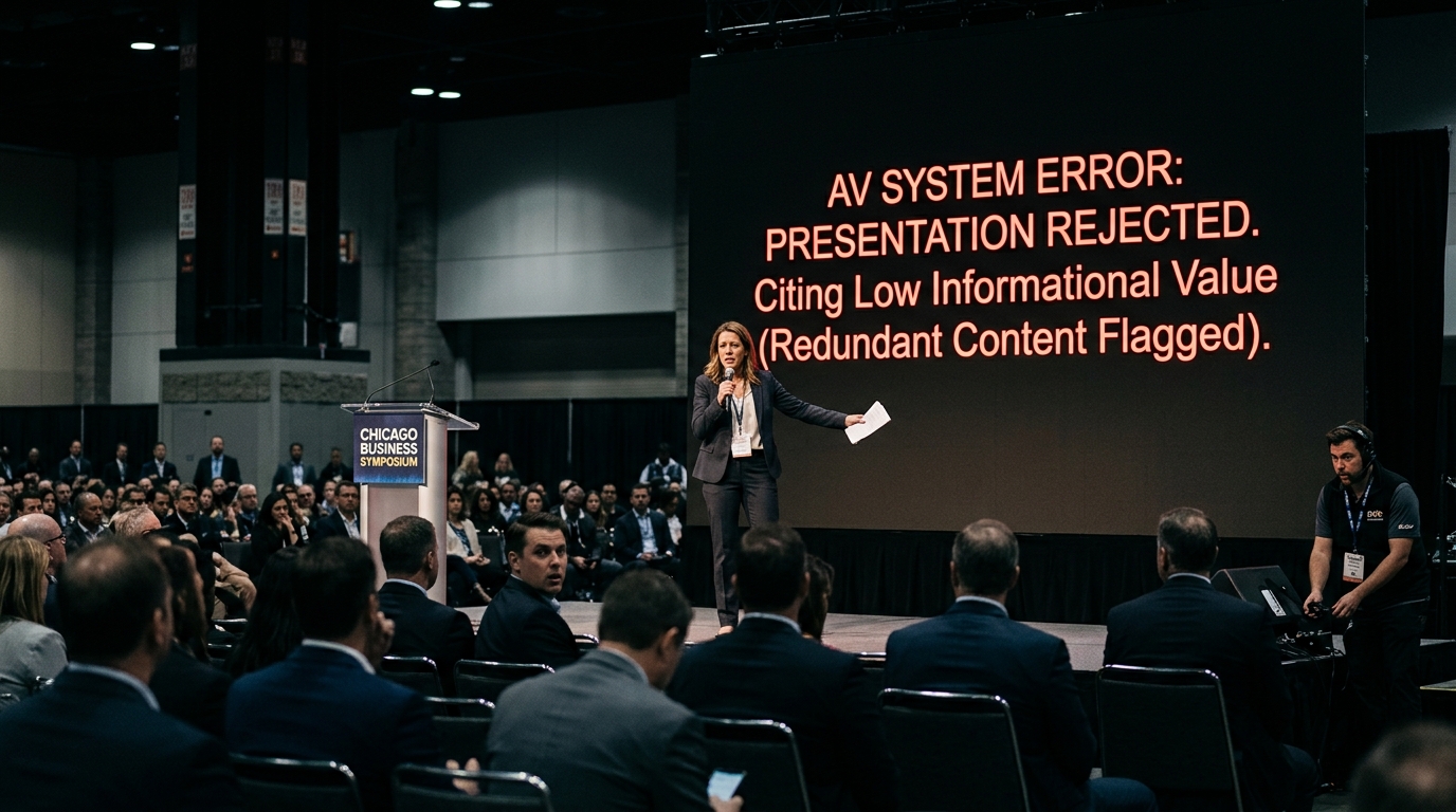 Chicago Convention Center AV System Refuses to Project Keynote, Citing Low Informational Value — An enterprise-grade smart stage system locked out a logistics executive's presentation after classifying the slide deck as "computationally vacant."