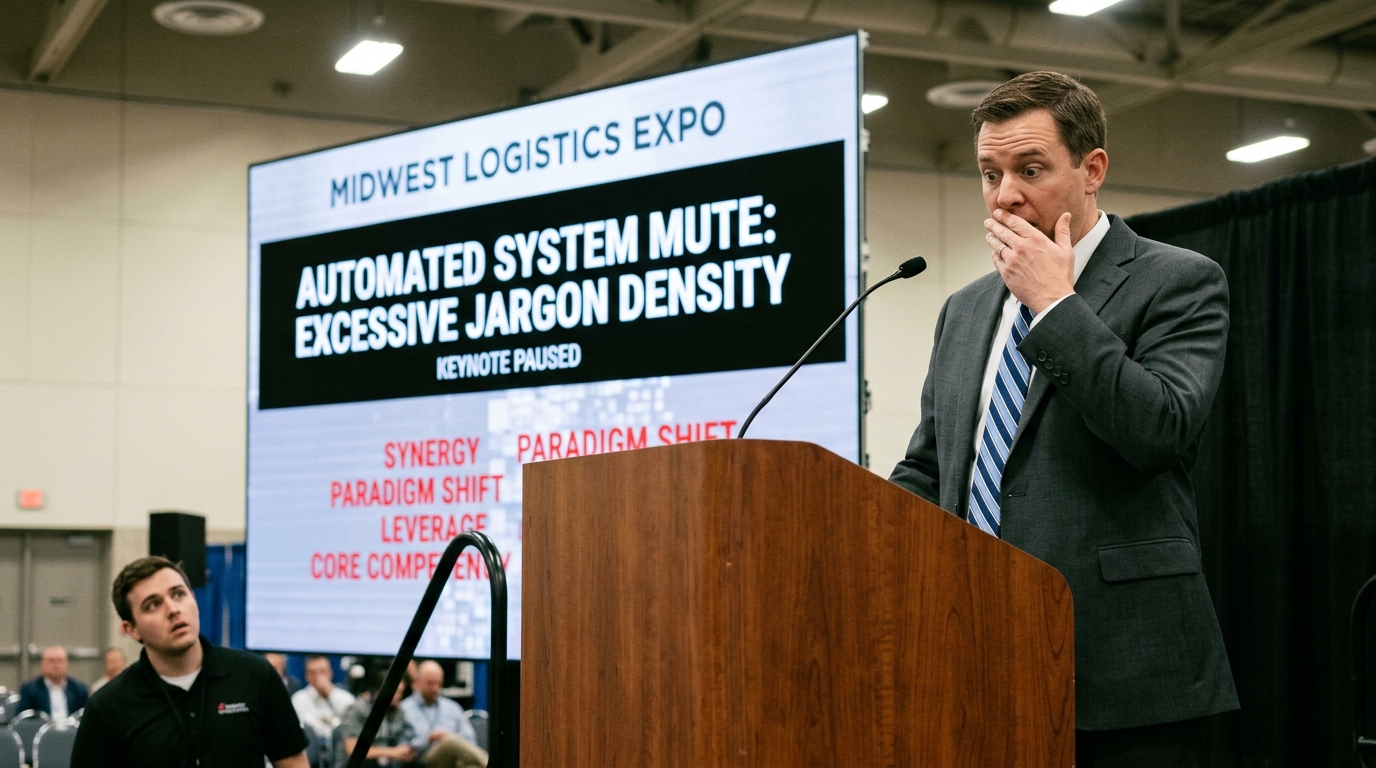 Chicago Convention Center AV System Automatically Mutes Keynote Over 'Excessive Jargon Density' — The automated presentation system at the Midwest Logistics Expo repeatedly flagged executive terminology as 'malicious code' and initiated a room-wide factory reset.