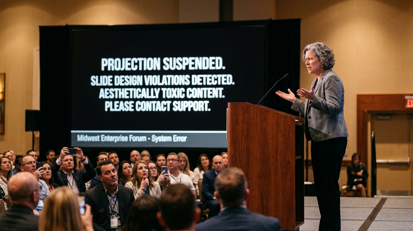 Enterprise Projector Locks Out Keynote Speaker Over Slide Design Violations — The smart AV system at the Chicago Tech Summit refused to project a bullet-point list, recommending a "gentler color palette."