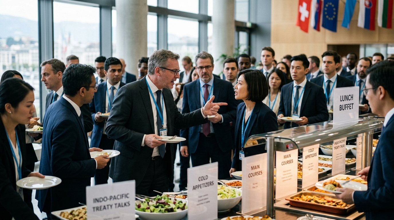 Geneva Trade Talks Collapse Over Buffet Queue Sovereignty — A 72-hour deadlock over carving-station jurisdiction and soup-line access protocols leaves the $400 billion maritime treaty in ruins.