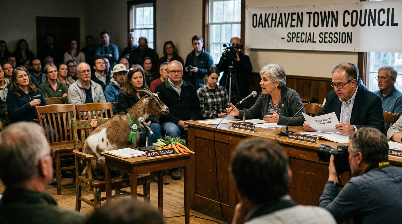 Oakhaven Town Council Opens Ethics Investigation Into Goat Mayor Over Unregistered Carrots — A nine-year-old Alpine goat faces formal censure after allegedly accepting undisclosed agricultural assets from local residents.