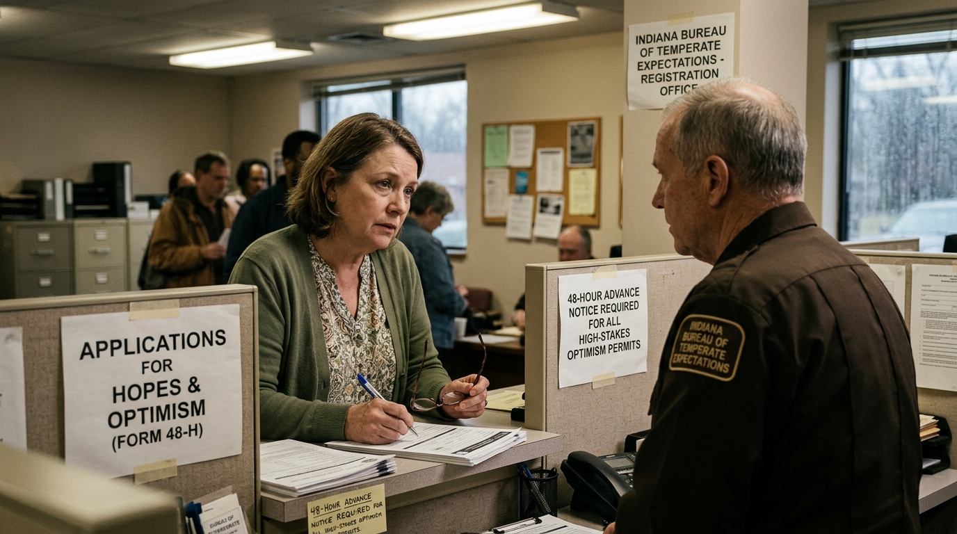 Indiana Bureau of Temperate Expectations Begins Permitting Residents’ Hopes for the Future — Under new state guidelines, citizens planning to expect positive outcomes must file Form 109-H to prevent sudden spikes in regional disappointment.