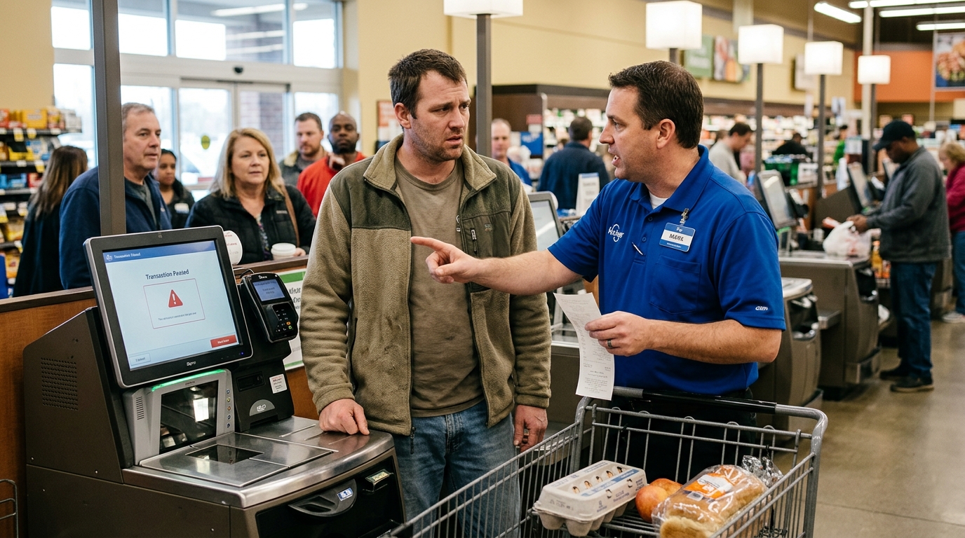 Kroger Self-Checkout Places Local Shopper Under Citizen’s Arrest for Impediment of Capital — The automated kiosk cited the store's digital terms of service, freezing the transaction until the customer signed a confession of micro-hoarding.