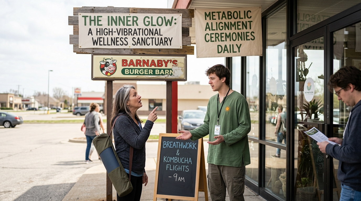 Midwest Burger Chain Rebrands Overnight as High-Vibrational Wellness Sanctuary — Barnaby’s Burger Barn renames its drive-thru lane the 'Pilgrimage Conduit' and designates its signature triple-bacon burger as 'The Ancestral Grounding Cylinder.'