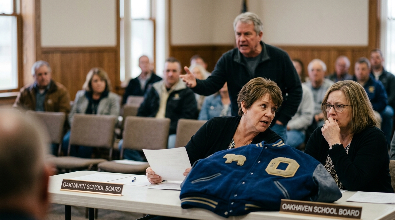 Oakhaven School Board Divided Over High School Mascot Nobody Remembers Choosing — A routine budget meeting for new gym equipment stalls as administrators realize the district's athletic symbol has no name, species, or historical record.