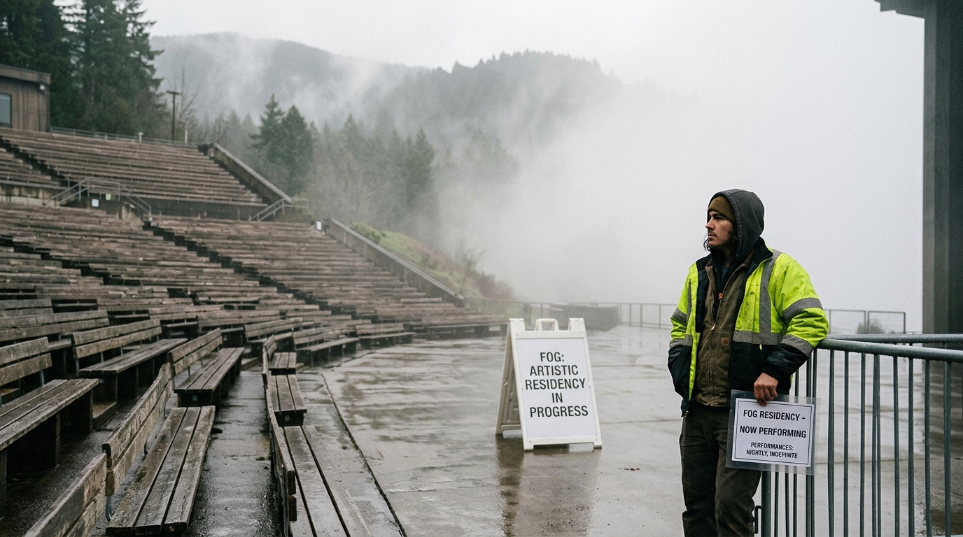 Outdoor Amphitheater Signs Persistent Fog Bank to Six-Week Artistic Residency — Venue operators cite the low-pressure system's "uncompromising vision" and "refusal to yield the stage" to scheduled touring acts.