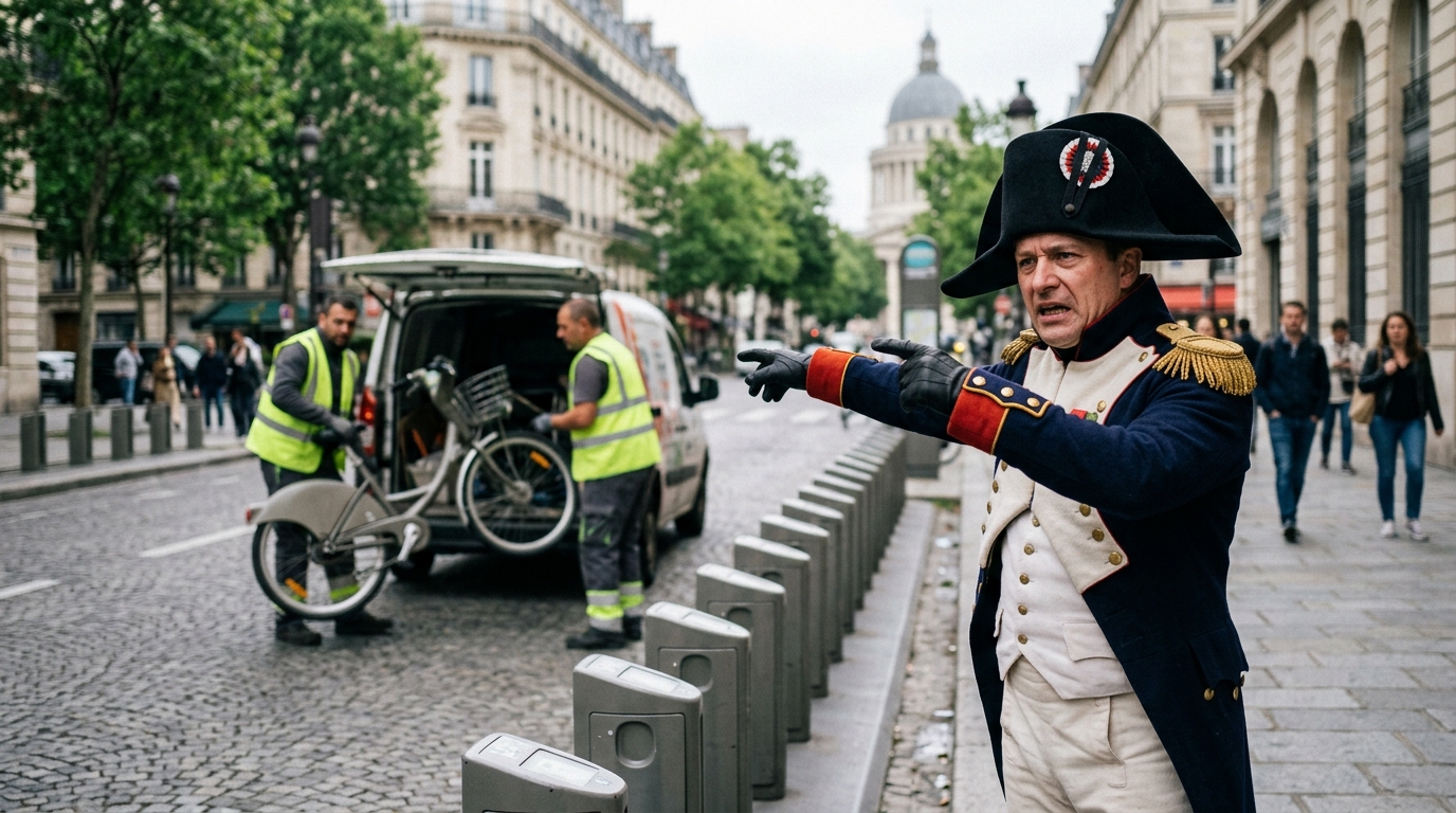 Paris Bike-Share Program Struggles Under Napoleon's Strategic Logistics — The reinstated emperor has reportedly deployed 650 heavy-duty e-bikes to the heights of Belleville to defend against scooter startups.