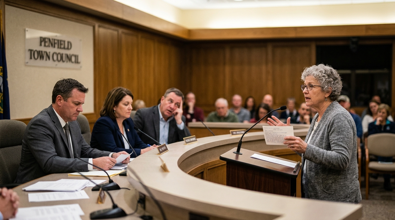 Penfield Town Council Gridlocked Over Whether Lemon Bar Recipe Constitutes Municipal Business — A dispute over a resident's remaining 42 seconds of public comment has stalled the town’s $18 million infrastructure budget.