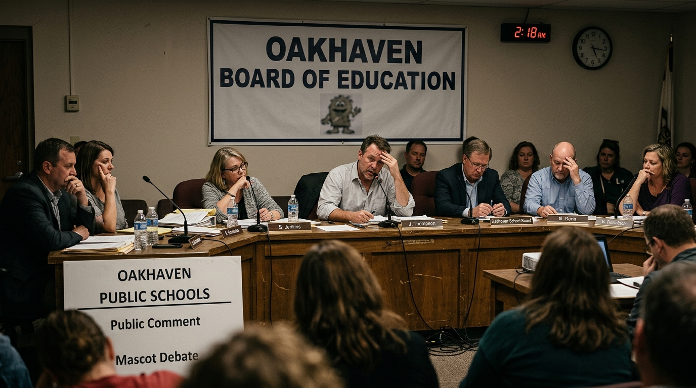 Local School Board Tables Budget After Nine-Hour Debate Over Mascot Nobody Can Identify — District records from 1983 refer to the official symbol only as 'the approved shape' as parents protest replacement plans.