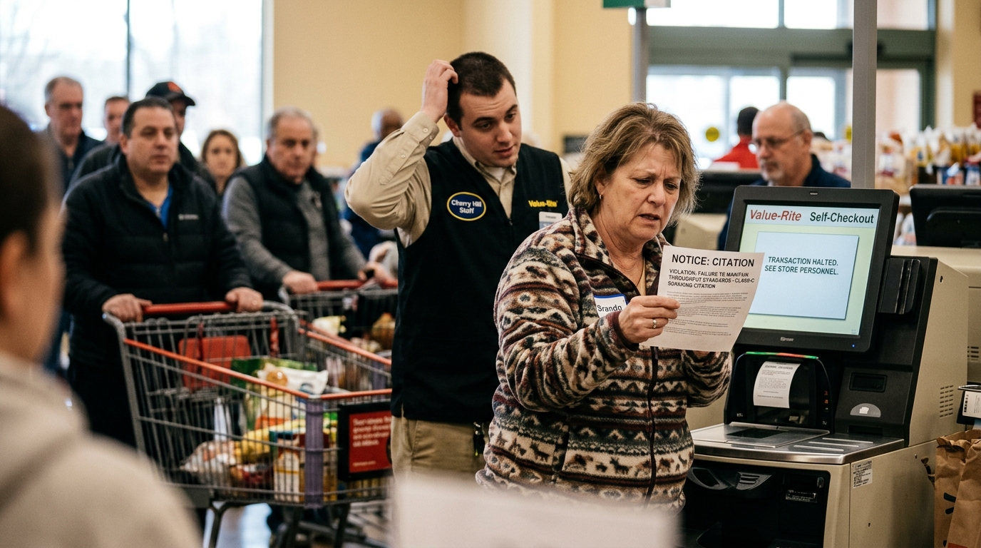 Value-Rite Self-Checkout Formally Accuses Shopper of 'Crimes Against Commerce' — A New Jersey man was detained at Kiosk 4 after the terminal's automated compliance system flagged his scanning speed as 'passive sabotage.'