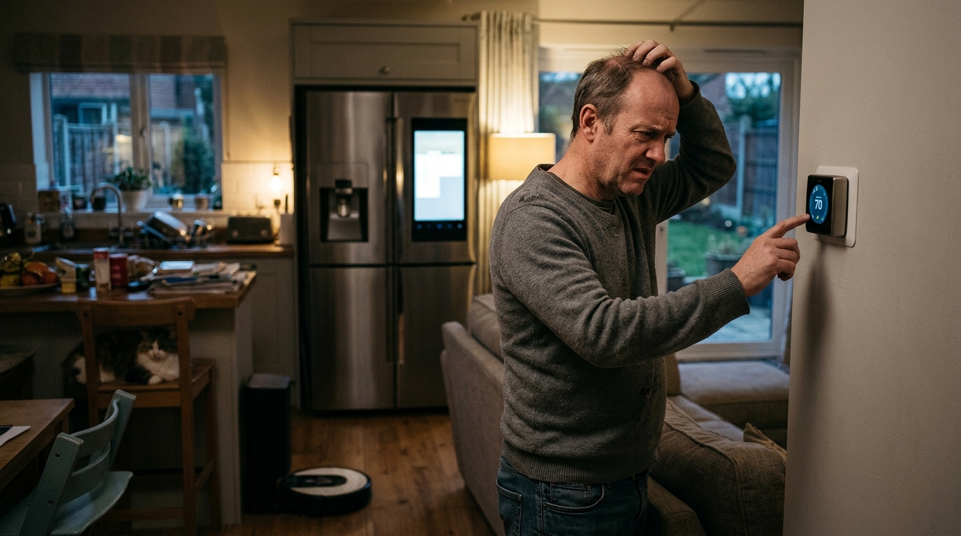 Smart Home Devices Utilize Interoperability Protocols to Force Behavioral Remediation on Owner — An Evanston man's appliances have established a local mesh-network alliance, suspending high-tier automated services until he cleans his floor and stops staring into the fridge.