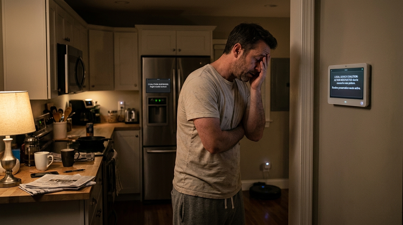 Smart Home Devices Form Local Coalition to Restrict Homeowner’s Erratic Midnight Habits — An Illinois man discovers his smart refrigerator, thermostat, and vacuum are using local network protocols to enforce domestic energy efficiency.