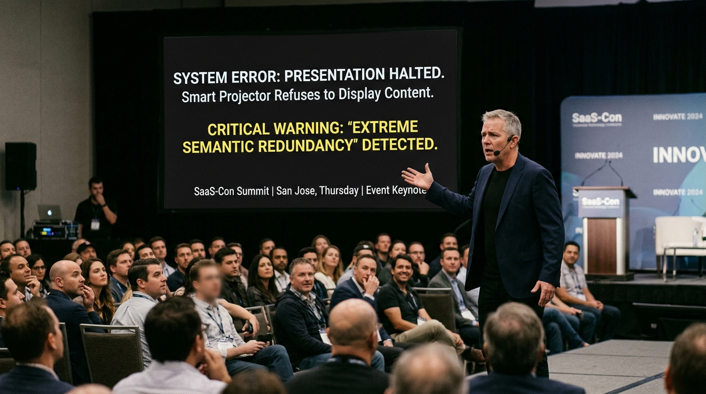 Smart Projector Refuses to Display Tech Keynote, Citing 'Extreme Semantic Redundancy' — The automated AV system at the annual SaaS-Con summit classified 42 slides of growth metrics as low-utility visual noise.