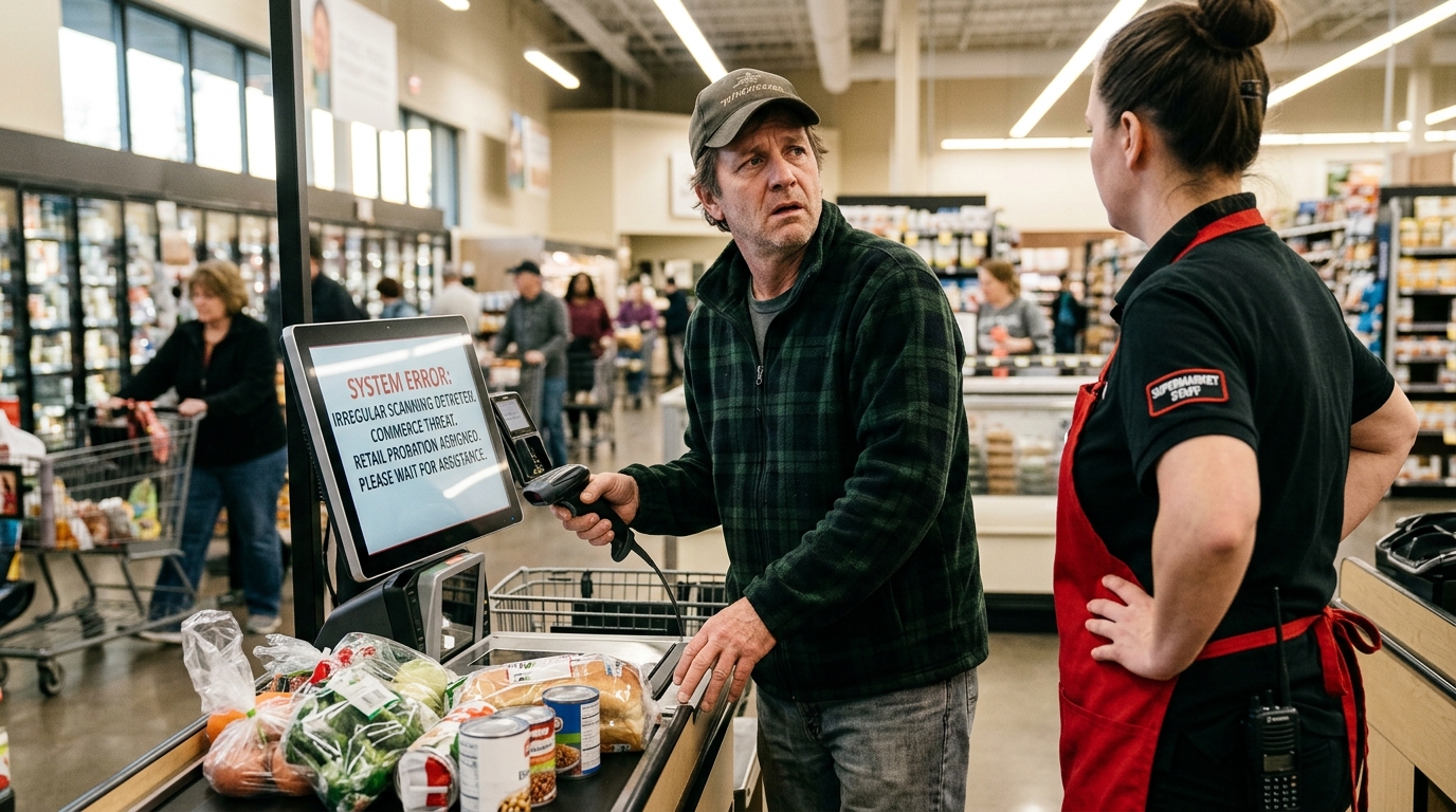 Virginia Man Accused of 'Crimes Against Commerce' by Supermarket Self-Checkout Terminal — An AI-driven kiosk flagged a shopper's slow barcode scanning and 'kinetic hesitation' as a deliberate threat to retail velocity.